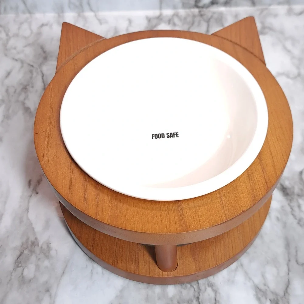 Phoebe & Max Pet‎ Bowl Set Elevated Ceramic Raised Cat Food Bowl Wood
